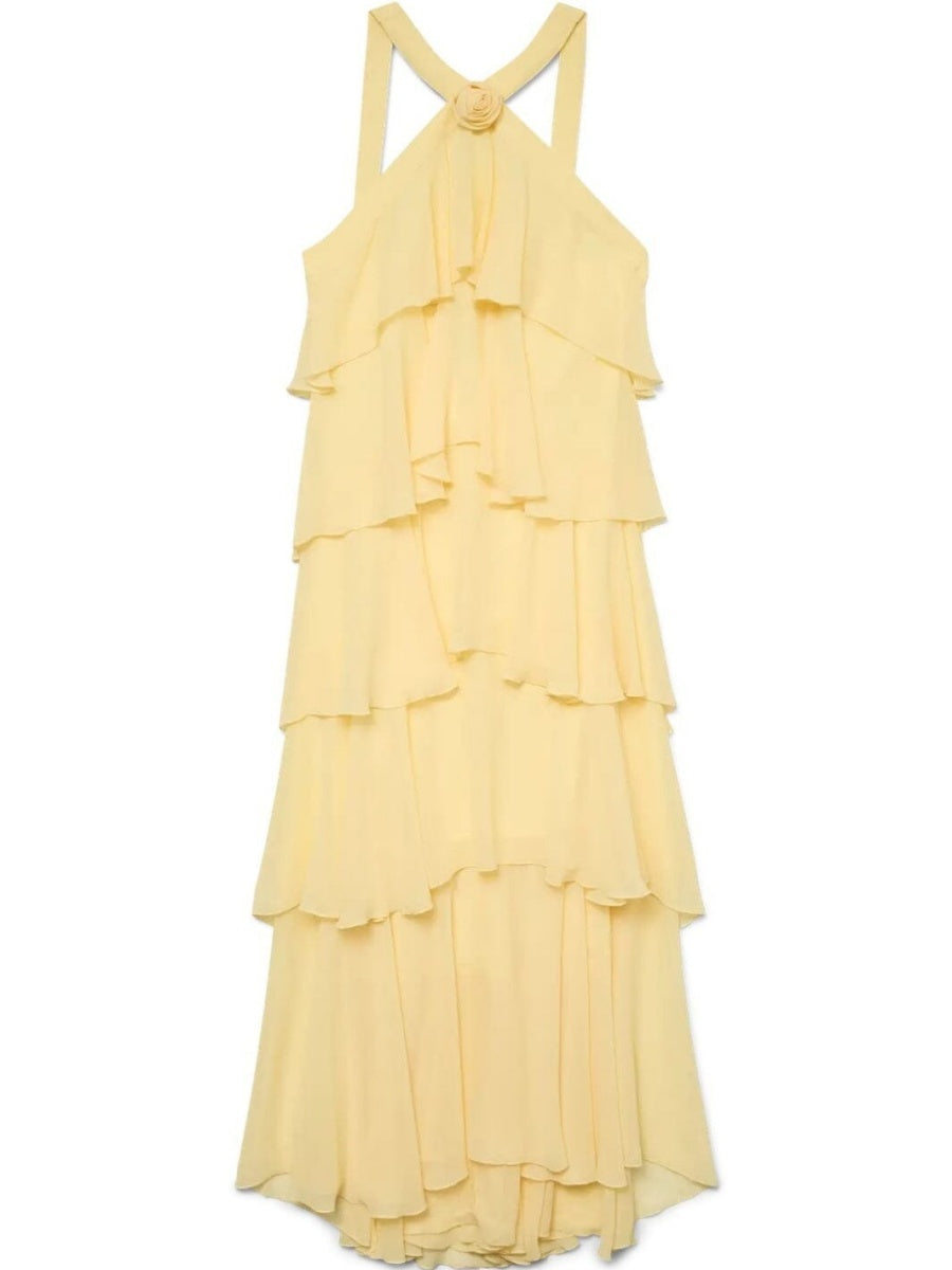 Halter Backless Cake Skirt Pink Yellow Maxi Dress