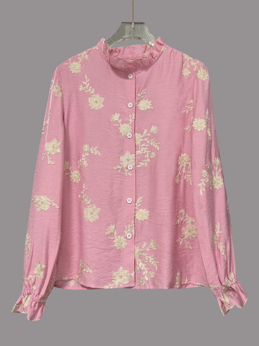 Floral Embroidery Color-blocked V-neck Lantern Sleeve Shirt