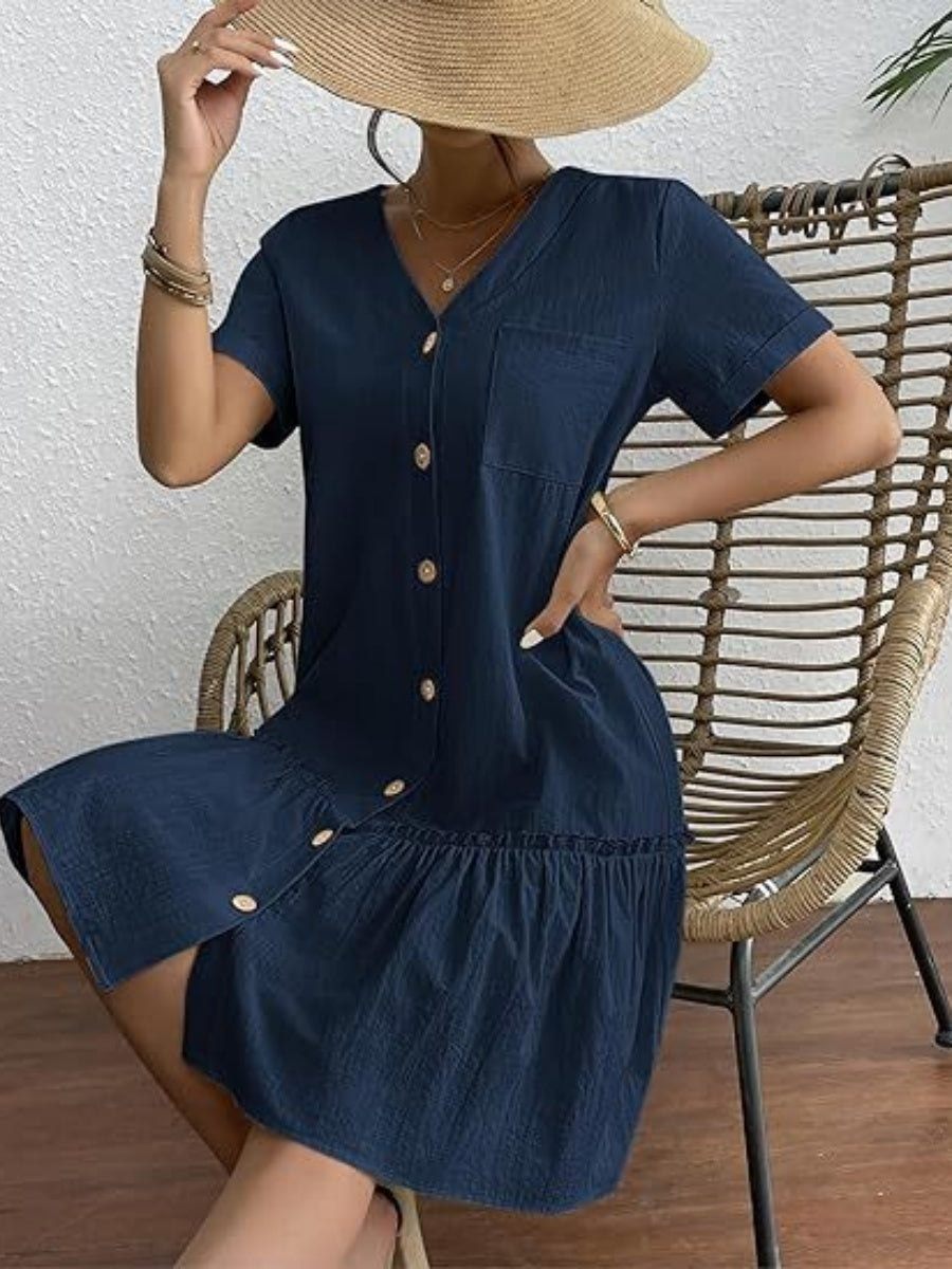 Single Row V-neck Loose-fit Short Sleeve Mini&Short Dresses