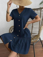 Single Row V-neck Loose-fit Short Sleeve Mini&Short Dresses