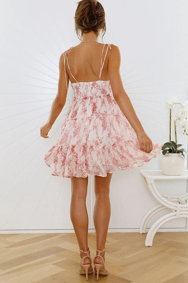 Tie Shoulder Floral Print Tiered Ruffle Mini Dress