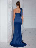 Satin Fish Bones Brown Slit Wedding Maxi Dresses
