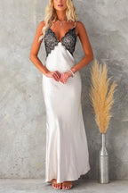 V Neck Adjustable Strap Lace Splice Maxi Party Dress