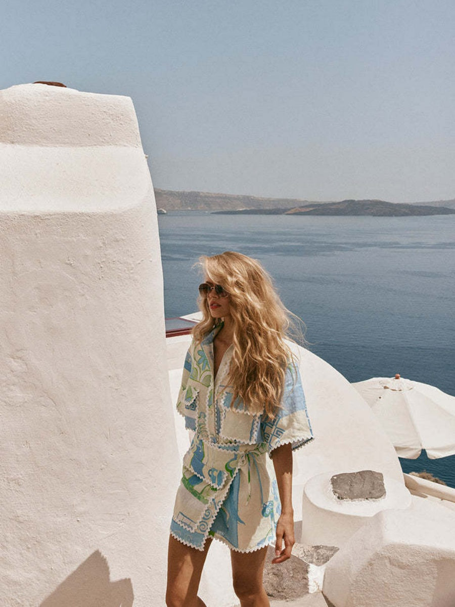 Trim Geometric Print Stylish Shirt And Shorts Two-piece Set