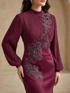Crew Neck Long Sleeve Crimp Applique Maxi Dresses