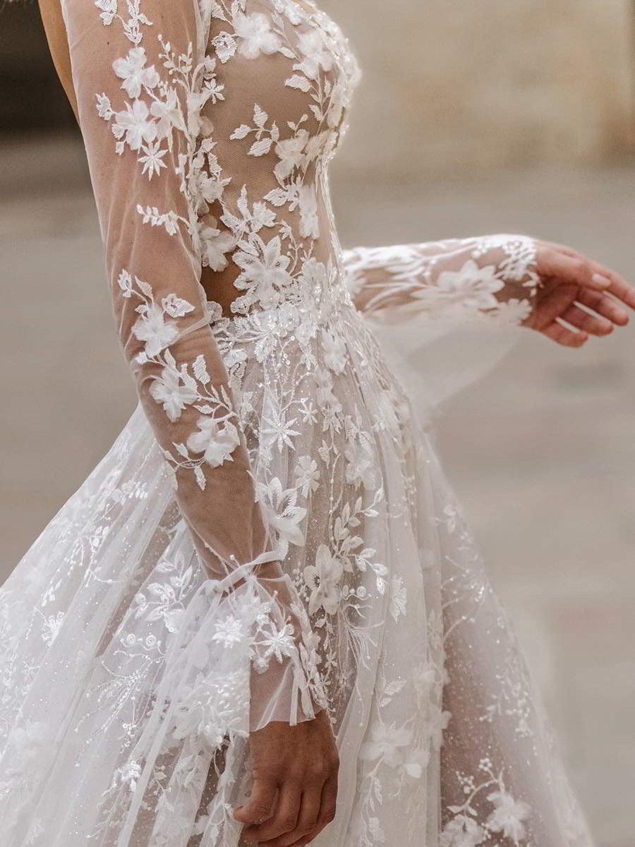 Sexy Long Sleeve V-neck Thin Bridal Wedding Maxi Dresses