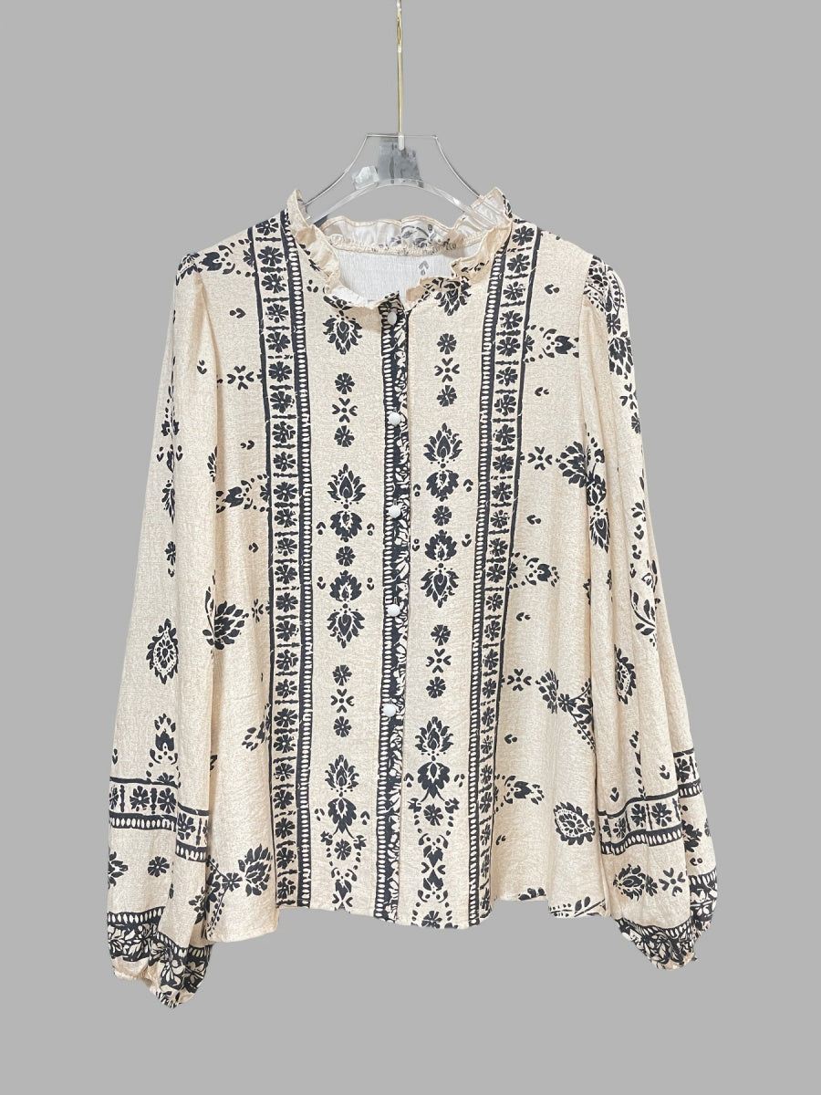 Geometric Print V-neck Long-sleeved Shirt