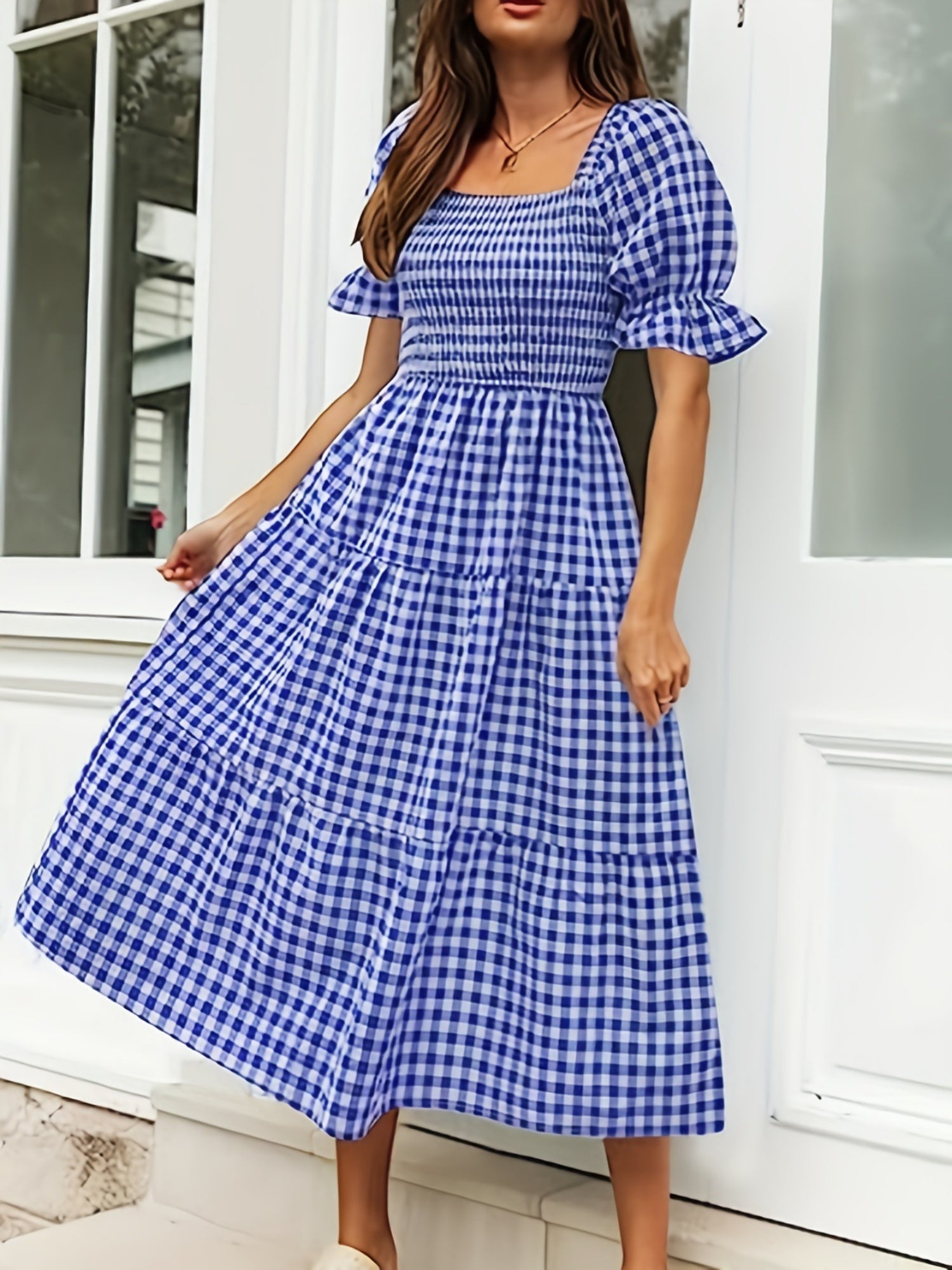 Plaid Puff Sleeve U-neck Mini&Short Dresses