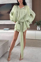 Lantern Long Sleeves Draped Ruffle Layered Mini Dress with Shorts