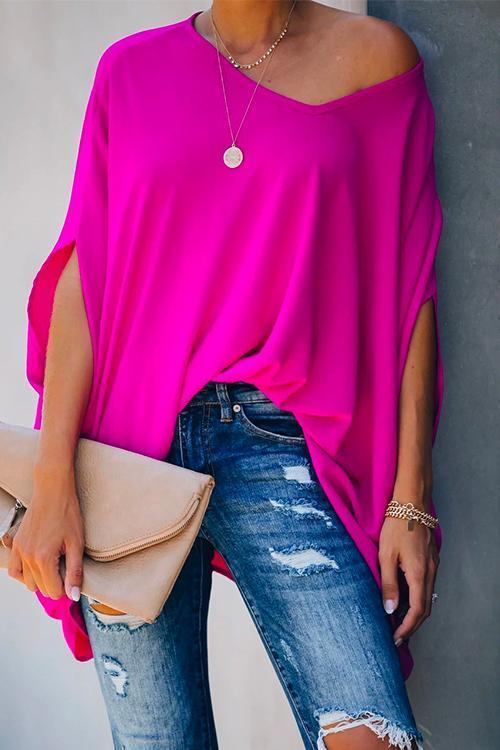 Loose V Neck Batwing Sleeve Solid T Shirt