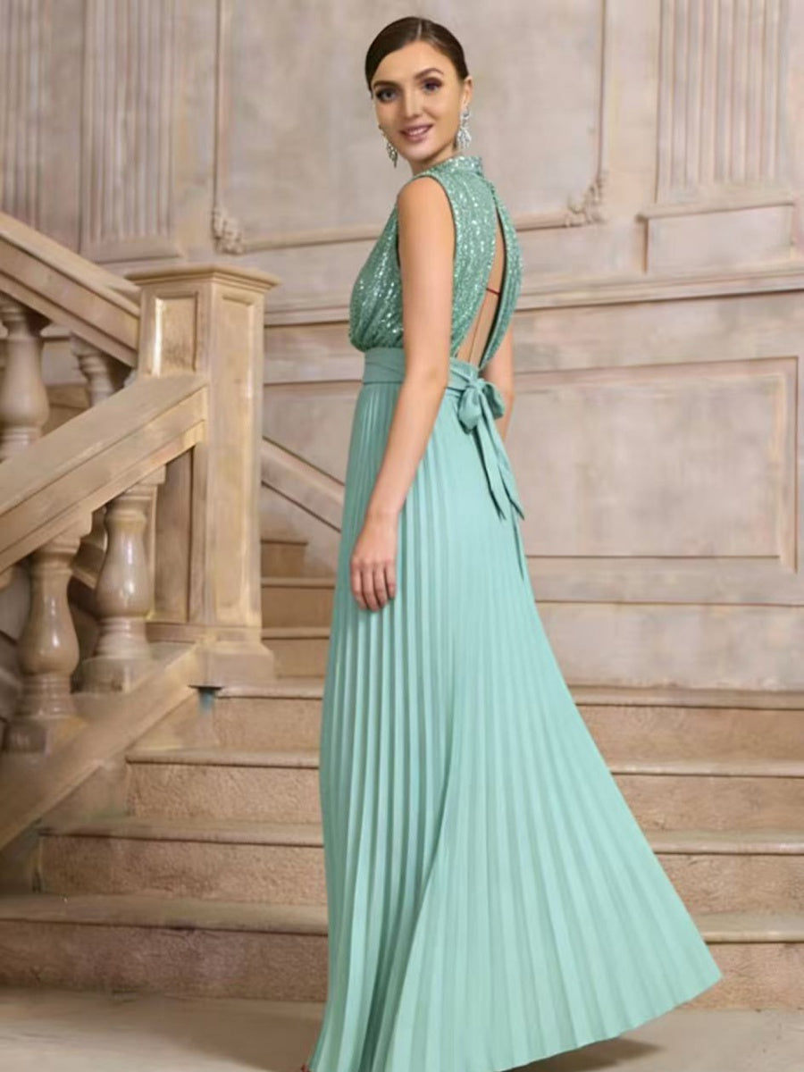 Sequins Crimp Banquet Formal Dress Party Wedding Backless Maxi Dresses