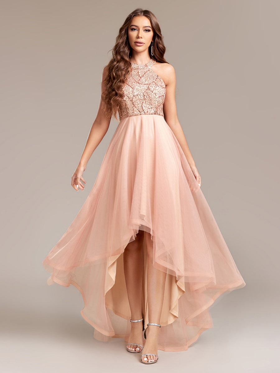 Halter Sequins Mesh Irregular Hem Formal Dress Maxi Dresses