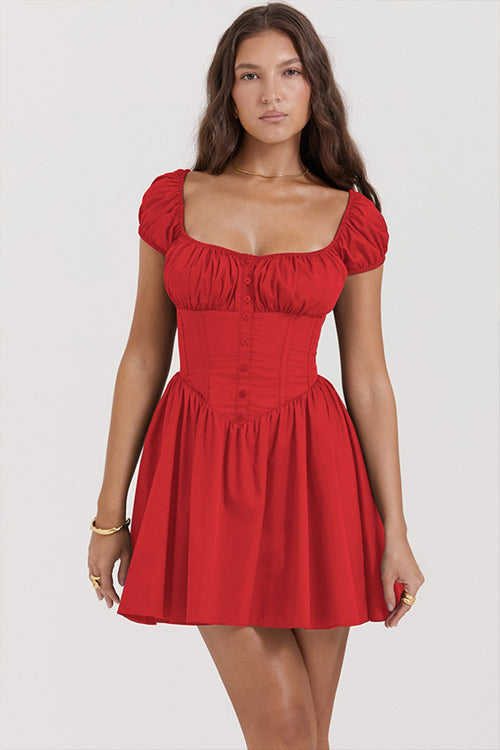 Square Neck Puff Sleeve Button Front Corset Bodice Skater Mini Dress