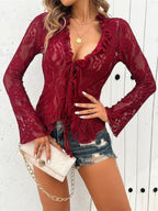 Lace See-through Ruffle Open Front With Tie Sweet T-shirts