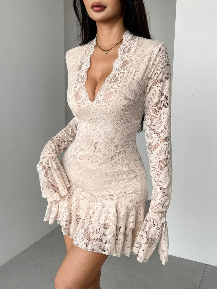 V-neck Lace Ruffle Mini&Short Dresses