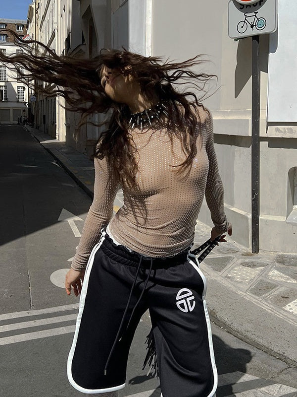 Nude Rhinestone See-through Tight-fitting Long-sleeved Top