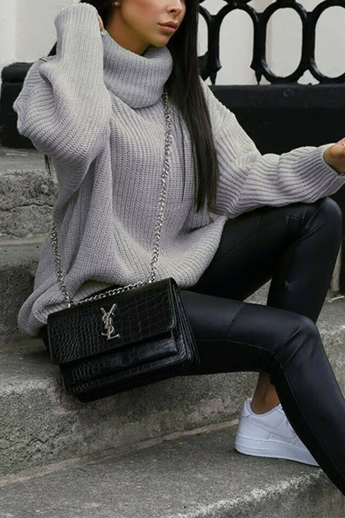 Turtleneck Drop Shoulder Loose Fit Ribbed Knit Sweater