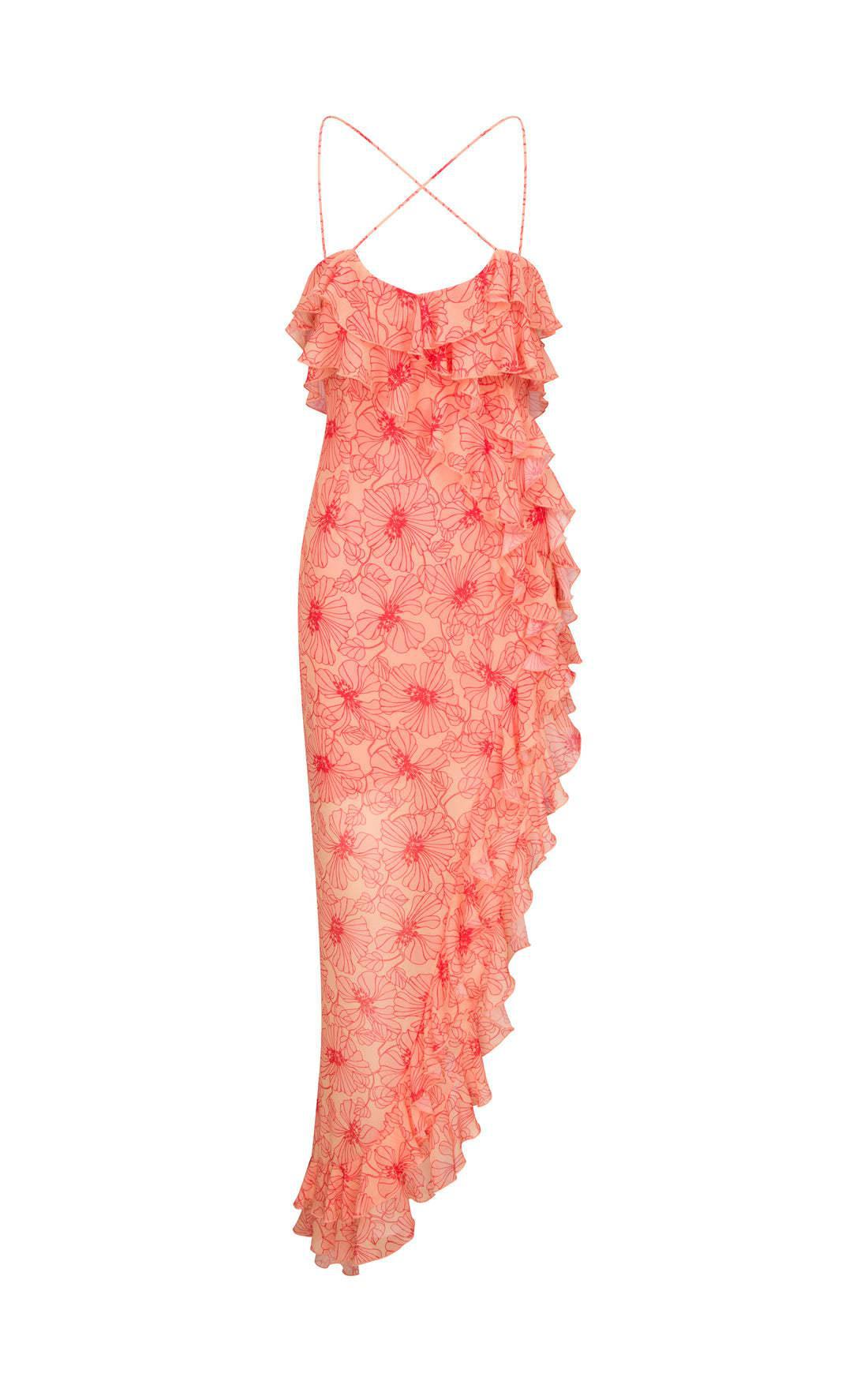 Wood Ear Cross Chiffon Floral High Slit Maxi Dresses