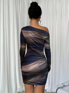 Pleated Slim-fit Hip-hugging Slant Collar Printed Mini&Short Dresses