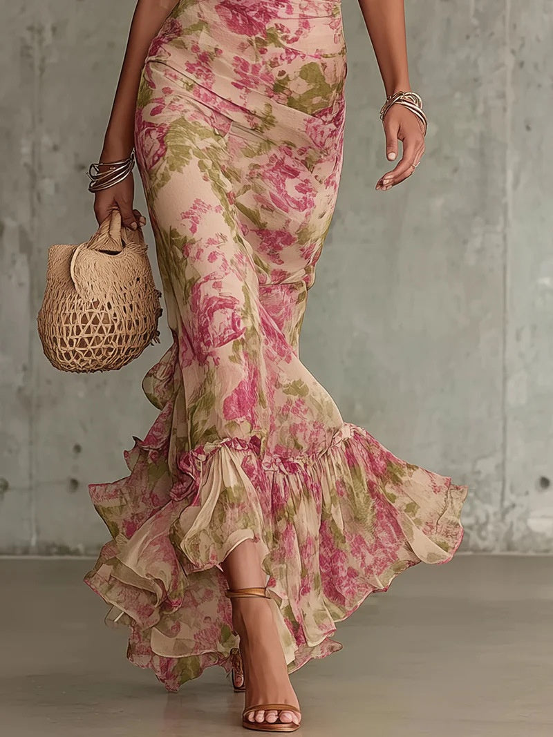 Floral Ruffles, Puff Sleeves, Cinched Waist Maxi Dresses