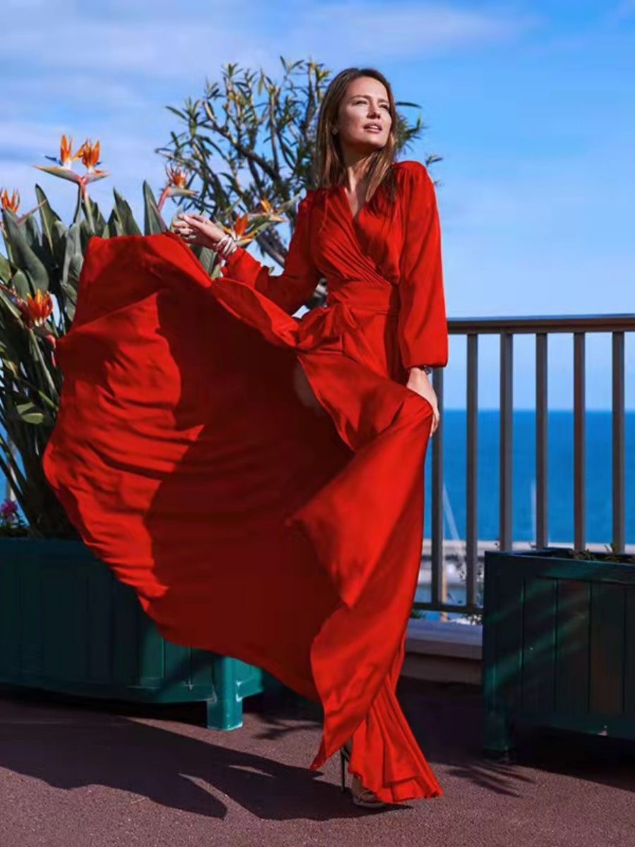 Bohemian Deep V Long Sleeve Slit Maxi Dress