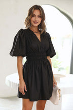 Deep V-Neck Bar Strap Puff Sleeve Smocked Waist Flared Mini Dress