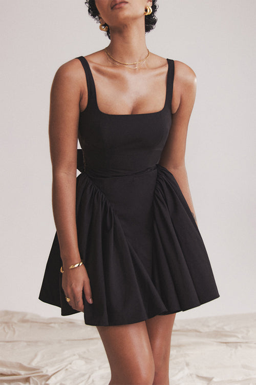 Square Neck Sleeveless Bow Back Pleated Volume Skater Mini Dress