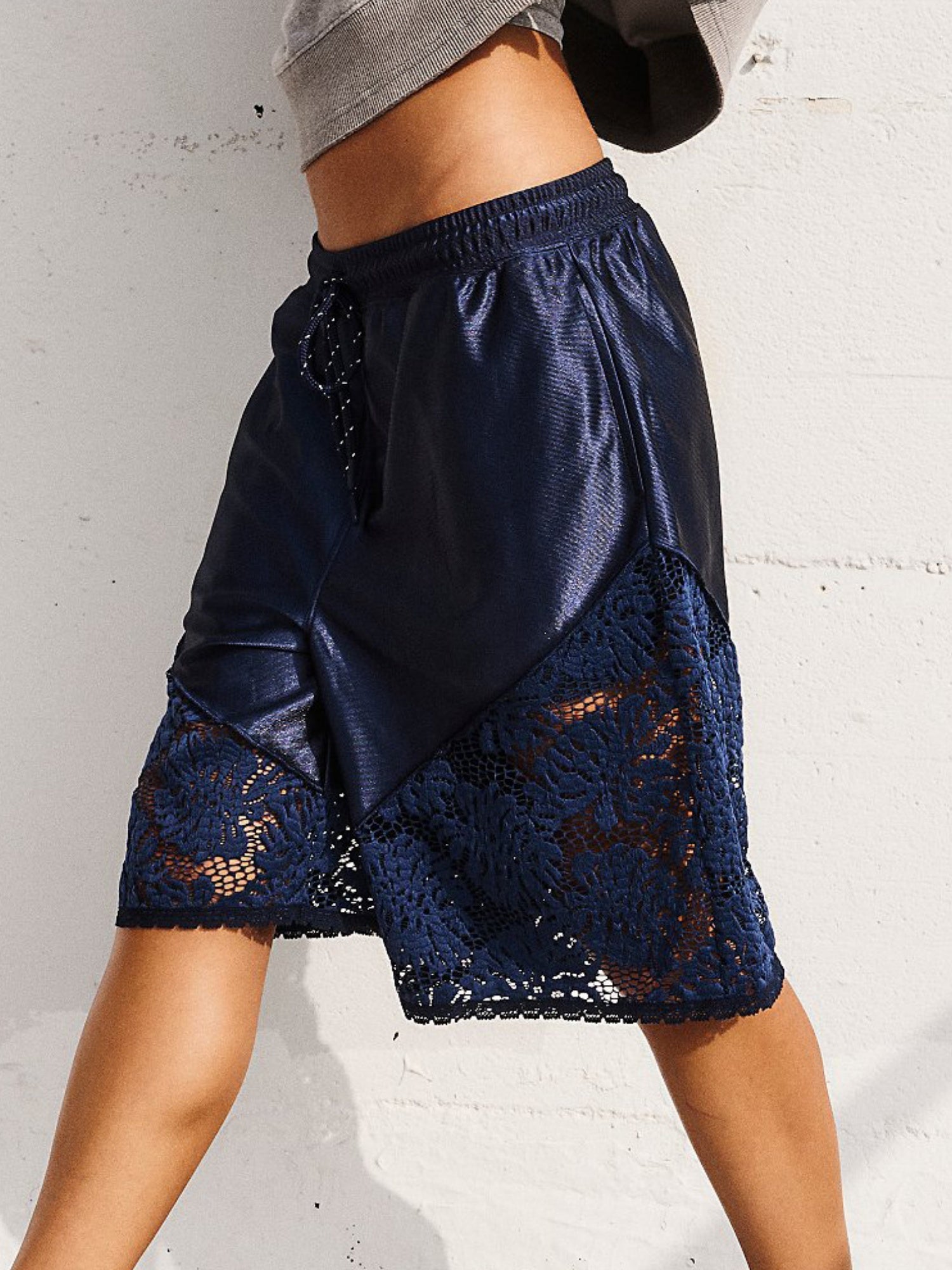 Lace Patchwork Lace Up Loose-fit Athletic Shorts