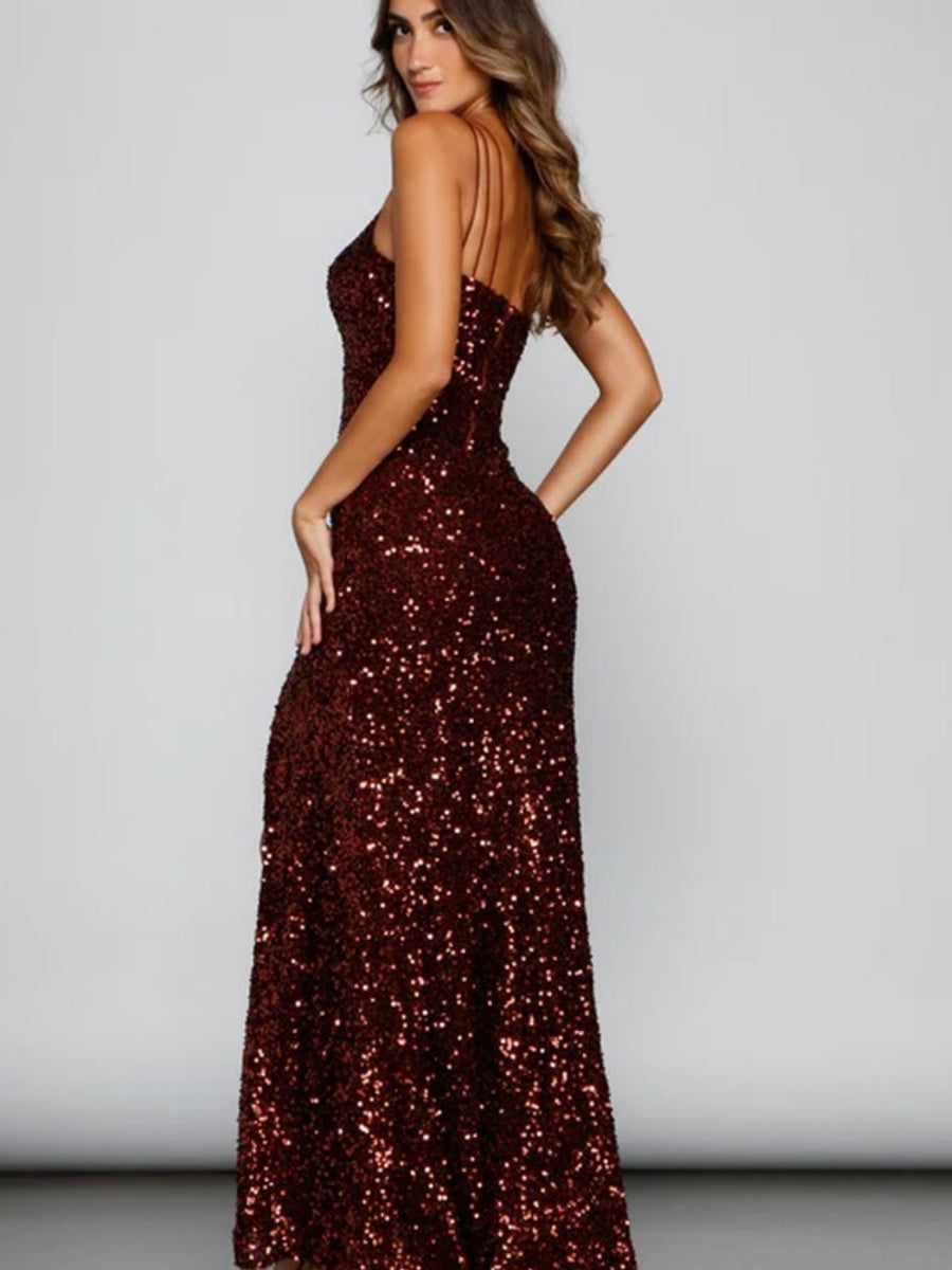 Sloping Shoulders Sequins High Slit Parties Maxi Dresses