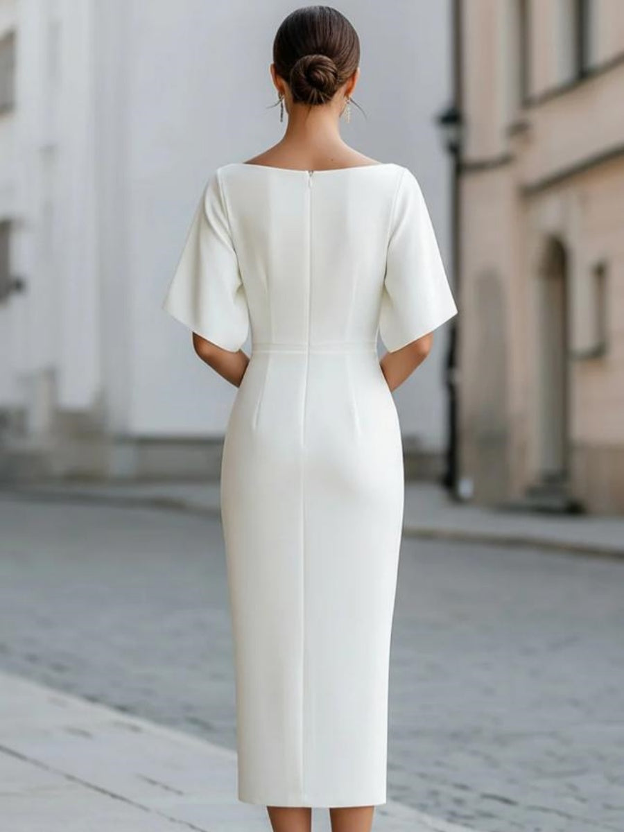Grace One-shoulder Collar Mid-length Sleeves Slim-fit Midi Dresses
