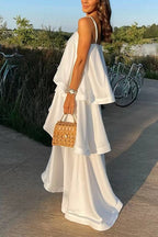 Spaghetti Strap Ruffle Layered Satin Maxi Dress