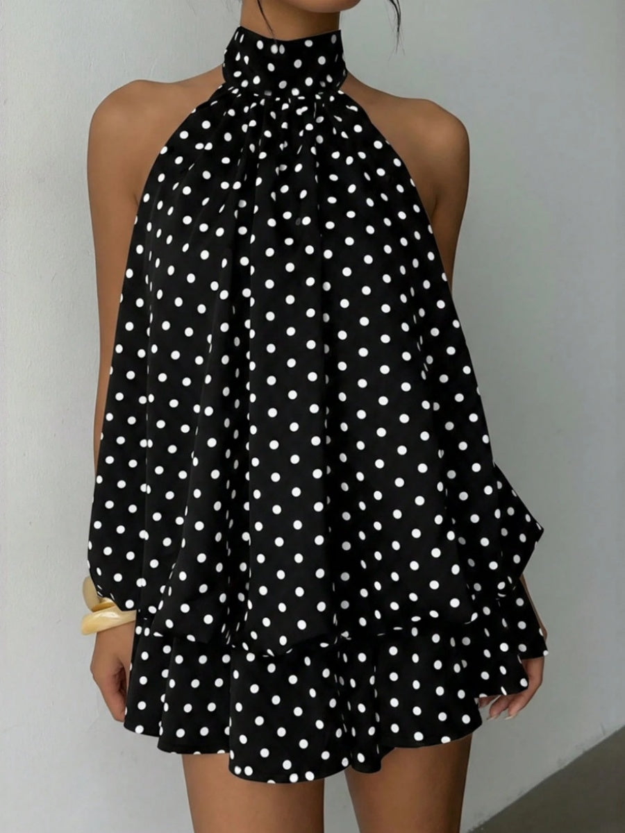 Halter Backless Lace Up Bud Polka Dots Mini&Short Dresses