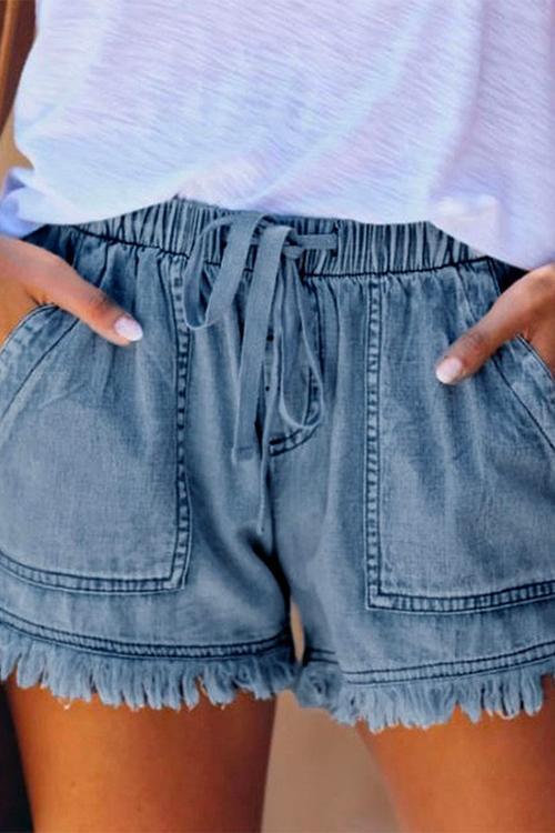 Drawstring High Waist Raw Hem Pockets Shorts