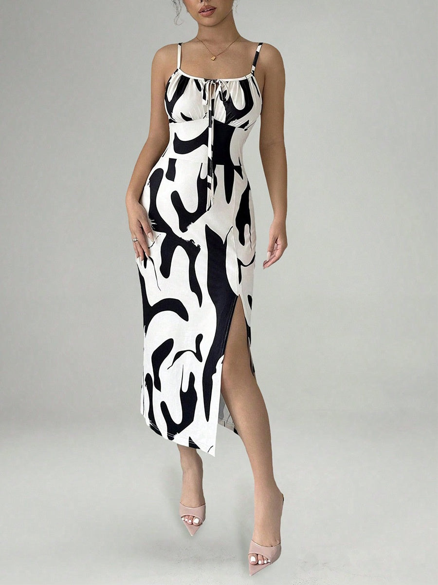 Zebra Print Sexy Vacation-style Slip Dress With Slit Midi Dress