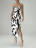 Zebra Print Sexy Vacation-style Slip Dress With Slit Midi Dress