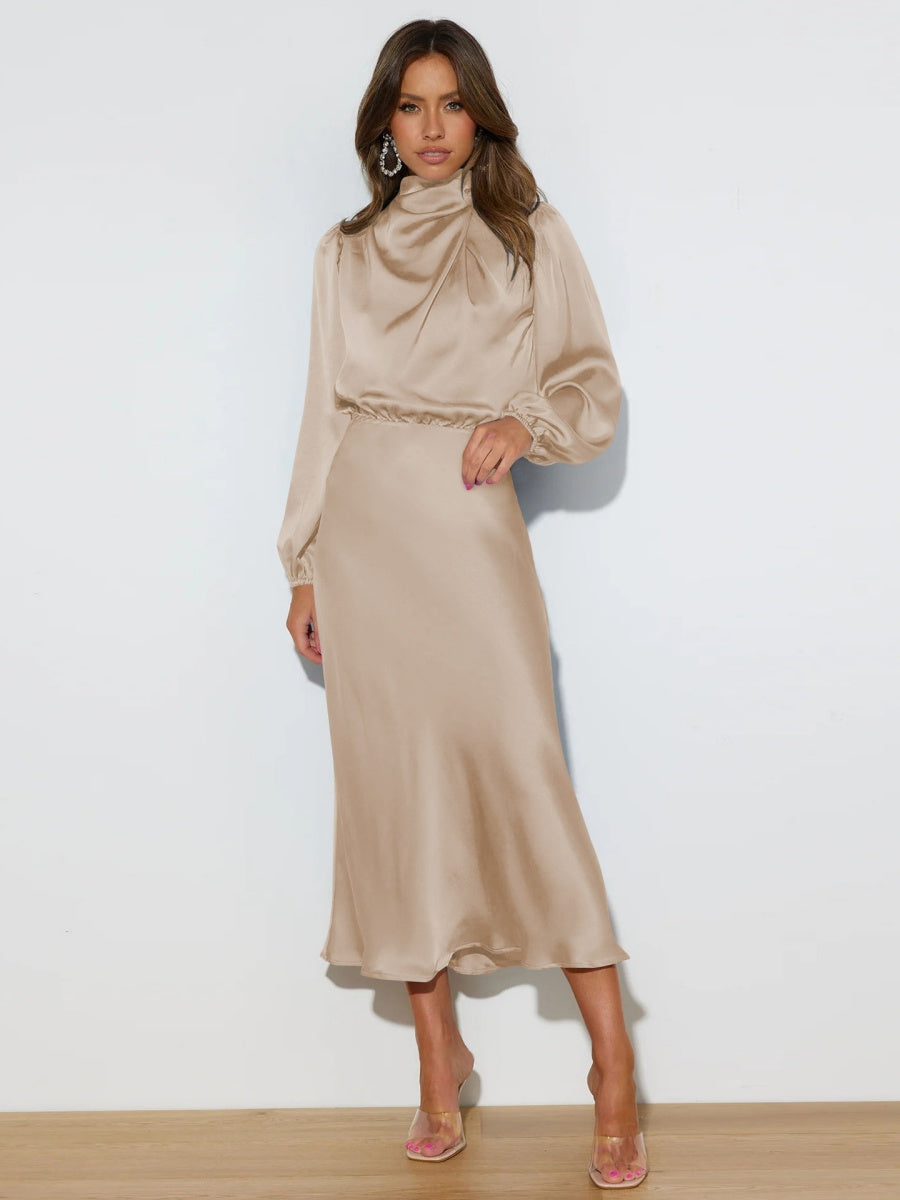 Satin Long Sleeve Zipper Solid Color Maxi Dresses