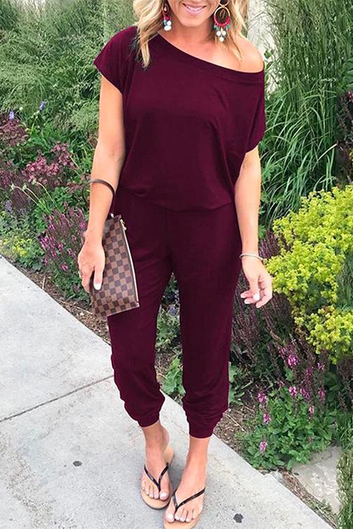 Solid Cold Shoulder Short Sleeves Elastic Waist Loungewear Jumpsuit