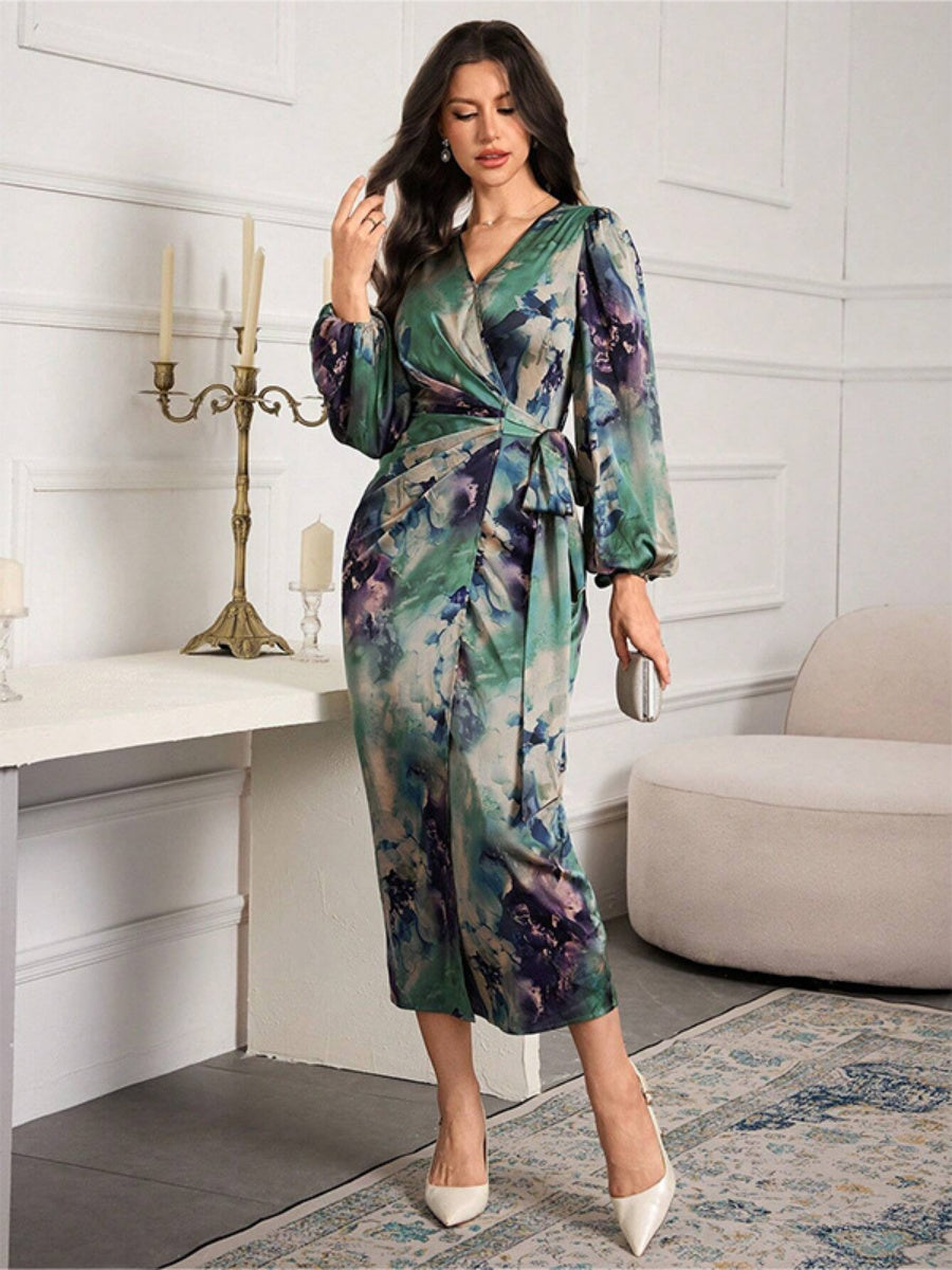 Printed V-neck Cardigan With Belt Midi Dresses