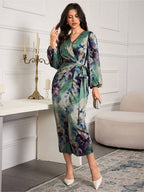 Printed V-neck Cardigan With Belt Midi Dresses