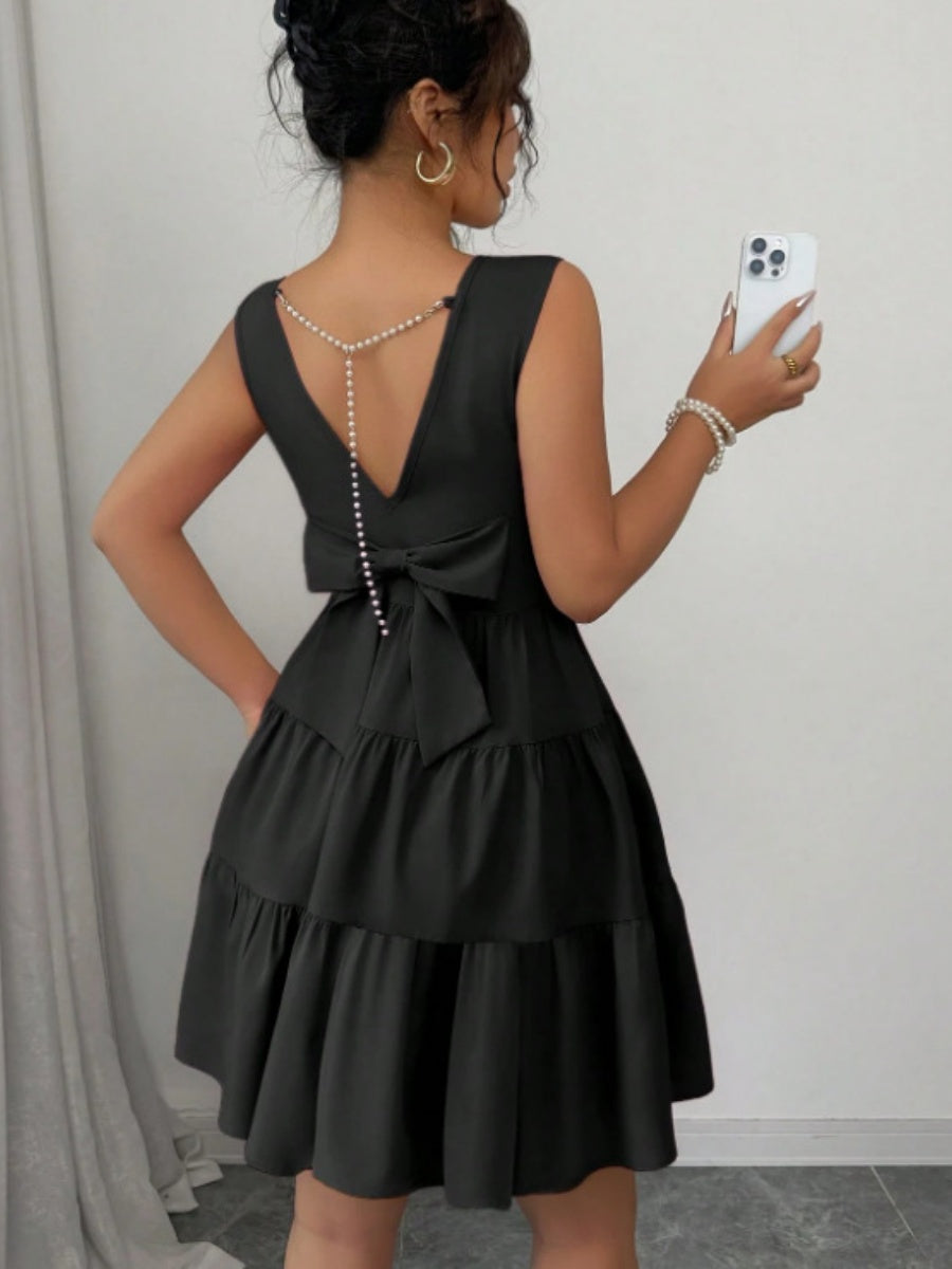 A-line Solid Color Backless Sleeveless Short Dress With A Cinched Waist And Bow