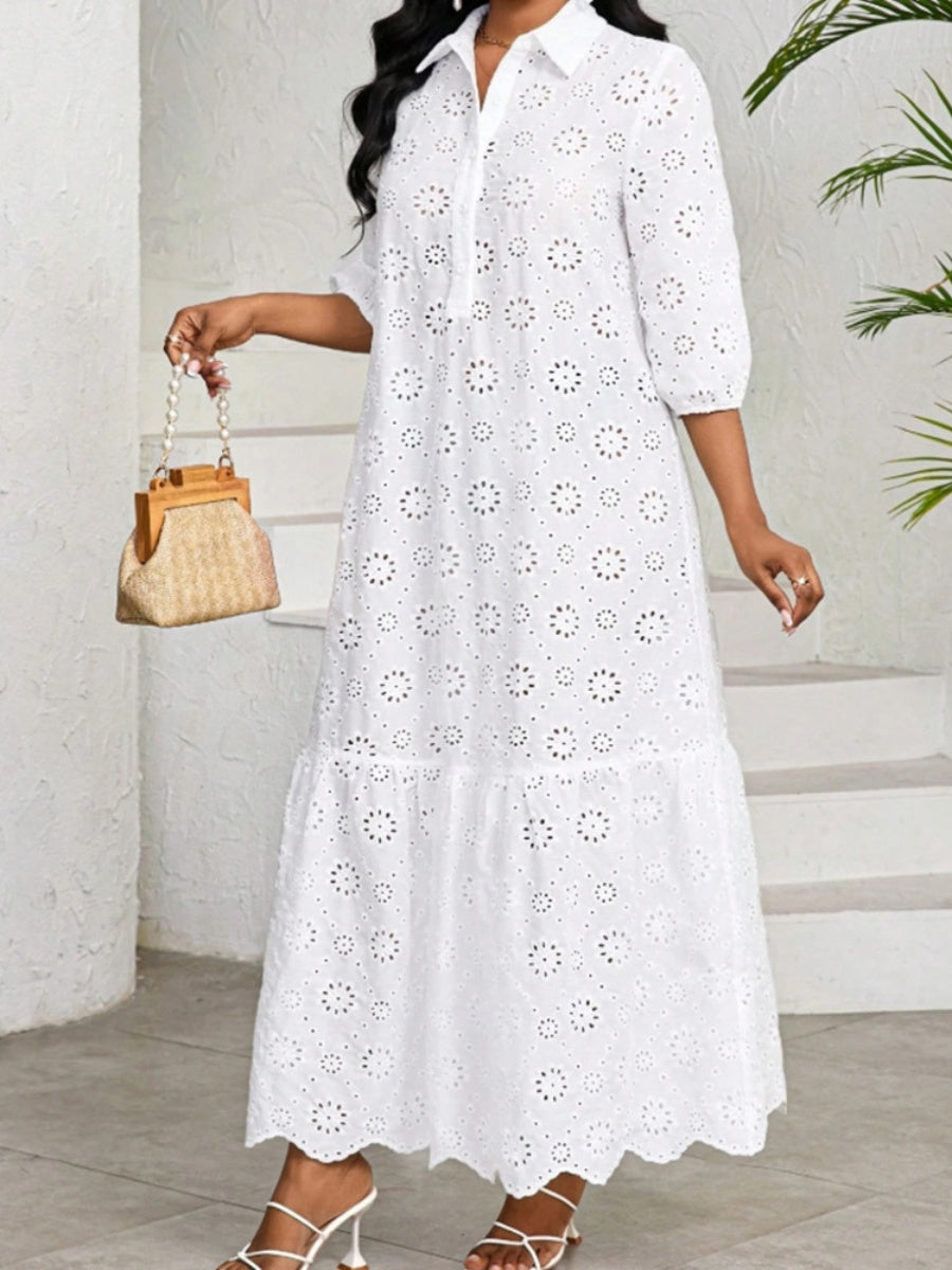 Three-quarter Sleeve Loose Shirt Collar Hollowed-out Lace Long Dress