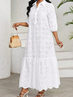 Three-quarter Sleeve Loose Shirt Collar Hollowed-out Lace Long Dress