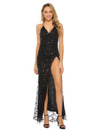 V-neck Sexy Backless Sequined Halter Dress With Floor-length Slit Skirt