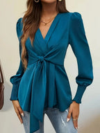 V-neck Tie-waist Solid Color T-shirt