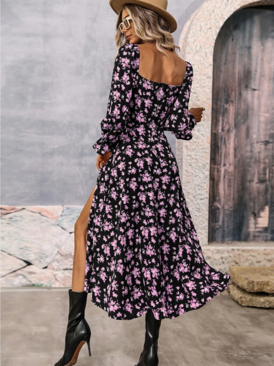 Floral Long Sleeve Square Collar Slit Vacation And Leisure Maxi Dresses