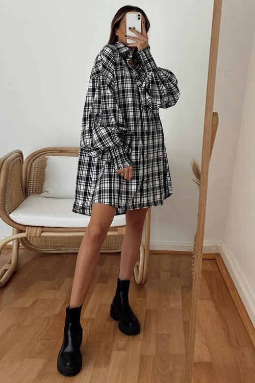 Plaid Oversized Balloon Sleeve Button Front Shirt Mini Dress