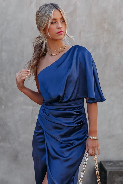 One Shoulder Cape Sleeve Ruched Waist Tulip Wrap Satin Midi Dress