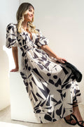 Abstract Geometric Print Deep V-Neck Puff Sleeve Cinched Waist Maxi Dress