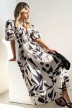 Abstract Geometric Print Deep V-Neck Puff Sleeve Cinched Waist Maxi Dress