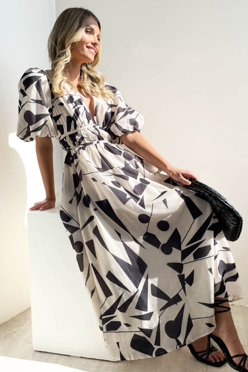 Abstract Geometric Print Deep V-Neck Puff Sleeve Cinched Waist Maxi Dress
